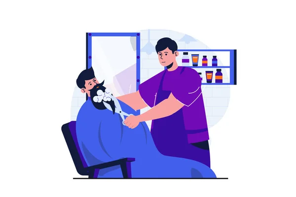 Holičství moderní plochý koncept pro web banner design. Barber myl klientům vousy a stříhal nůžkami. Chlap dostává péči o vlasy a zastřihuje vousy. Vektorová ilustrace s izolovanou scénou — Stockový vektor