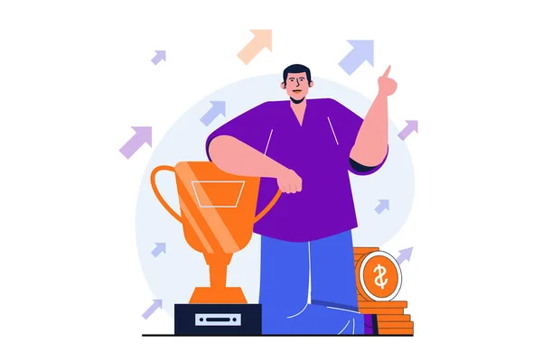 Business award conceito plano moderno para design de banner web. Empresário recebe copo de ouro, celebra triunfo. Homem feliz atinge metas, desenvolve carreira. Ilustração vetorial com pessoas isoladas cena —  Vetores de Stock