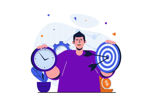 Business target modern flat concept for web banner design. Businessman holding target and clock. Time management, work deadlines and achieving goals. Vector illustration with isolated people scene — Stock Vector
