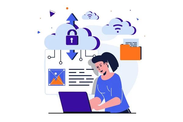 Cloud computing modern flat concept for web banner design. Woman working on laptop, processing files and images online and using cloud technologies. Vector illustration with isolated people scene — Stock Vector