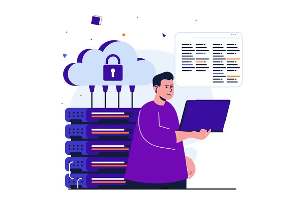 Cloud Computing modernes, flaches Konzept für die Gestaltung von Webbannern. Ingenieur arbeitet im Serverraum, Wartungshardware und sorgt für einen stabilen Betrieb des Systems. Vektorillustration mit isolierter Szene — Stockvektor