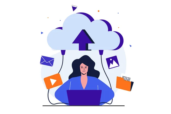 Cloud Computing modernes, flaches Konzept für die Gestaltung von Webbannern. Frauen teilen Videos und Bilder online und sichern Dateien vom Laptop aus auf Cloud-Speicher. Vektorillustration mit isolierter Szene — Stockvektor