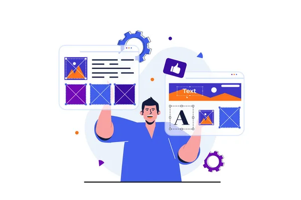 Content Manager modernt platt koncept för web banner design. Människan optimerar webbplatsens layout och arbetar med bilder, text och andra element i webbläsare. Vektor illustration med isolerade människor scen — Stock vektor
