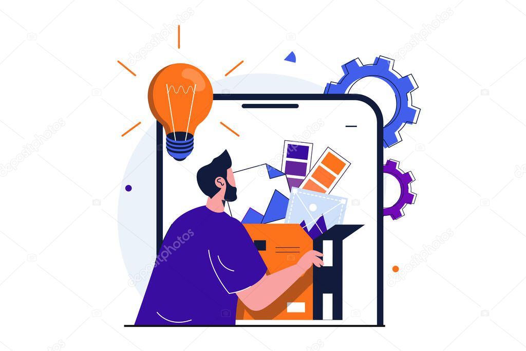 Content manager modern flat concept for web banner design. Man creates new ideas and works with different elements of website layout for mobile phones. Vector illustration with isolated people scene