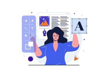 Web pankartı tasarımı için modern düz tasarım stüdyosu. Kadın geliştirici site düzeni üzerinde çalışır, grafik ögeleri seçer ve yerleştirir, yazı tipleri oluşturur. İzole edilmiş insan sahnesi ile vektör illüstrasyonu