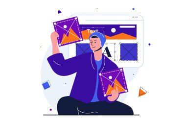 Web pankartı tasarımı için modern düz tasarım stüdyosu. Adam doldurma alanı için resimler seçer, içerik yaratır, web sayfası düzenini geliştirir ve düzenler. İzole edilmiş insan sahnesi ile vektör illüstrasyonu