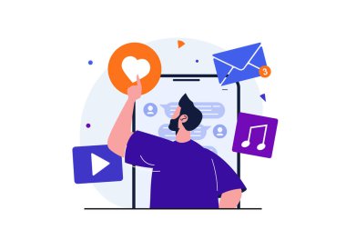 Web pankartı tasarımı için dijital pazarlama modern düz konsept. Adam reklam yapıyor ve sohbet ve habercilerle online promosyon yapıyor, tanıtım postaları yapıyor. İzole edilmiş insan sahnesi ile vektör illüstrasyonu