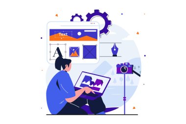 Web pankartı tasarımı için serbest çalışan modern düz konsept. Kadın tasarımcı tasarım sitesini geliştirir, sayfayı doldurmak için grafikler ve fotoğraflar yaratır, çevrimiçi çalışır. İzole edilmiş insan sahnesi ile vektör illüstrasyonu