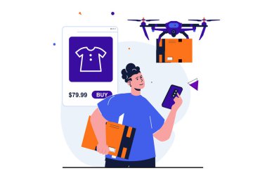 Mobil ticaret modern web pankartı tasarımı için düz konsept. İnsan satın alır ve teslimat servisini kullanır. Uçan drone müşteriye evdeki düzeni sağlar. İzole edilmiş insan sahnesi ile vektör illüstrasyonu