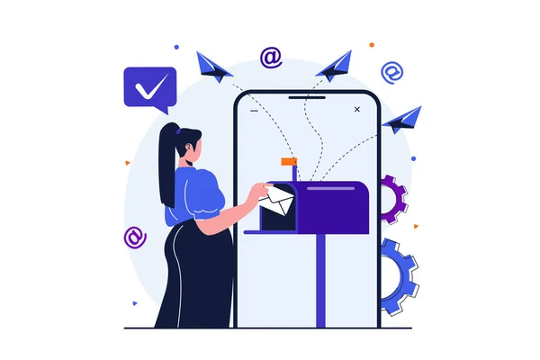 Webバナーのデザインのための電子メールサービス近代的なフラットコンセプト。女性は受信またはメールボックスの近くに立って封筒を送信します。オンライン通信とニュースレター。孤立した人々のシーンとベクトルイラスト — ストックベクタ