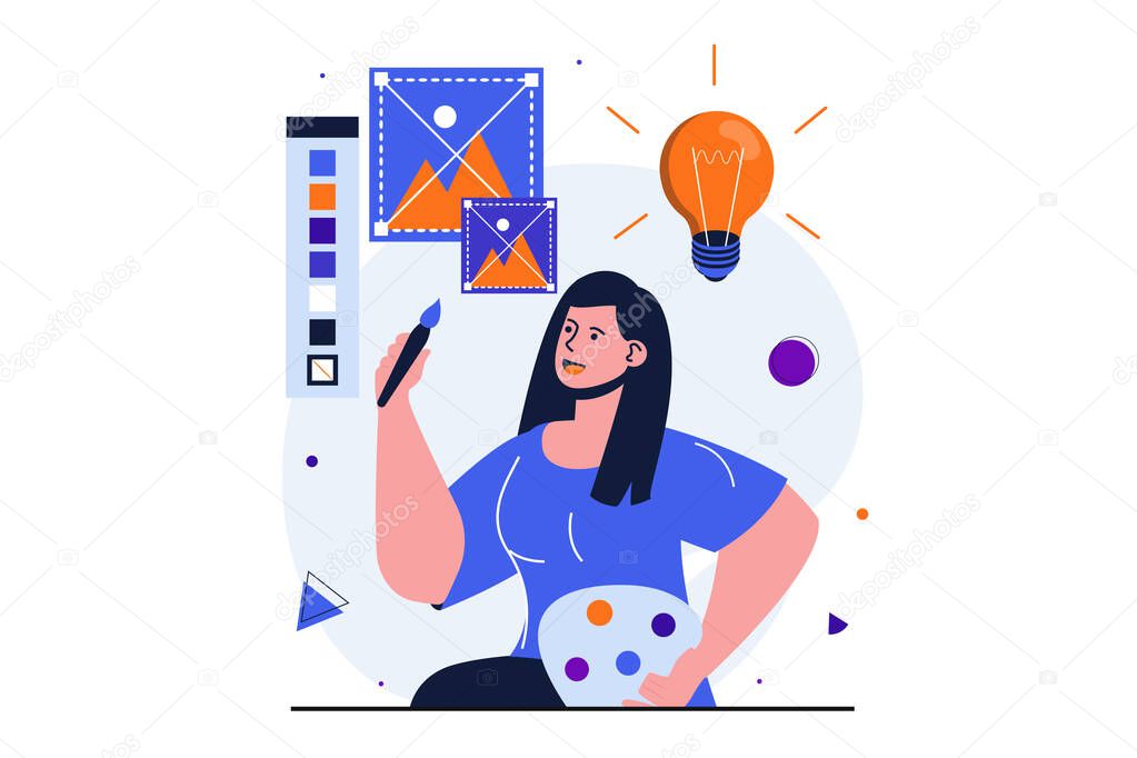 Designer studio modern flat concept for web banner design. Woman illustrator drawing digital images and generates creative ideas for art project. Vector illustration with isolated people scene
