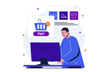 İnternet afişi tasarımı için çevrimiçi ödeme modern düz konsept. Müşteri çevrimiçi dükkandan alışveriş yapar, sepet oluşturur ve siparişi bilgisayardan öder. İzole edilmiş insan sahnesi ile vektör illüstrasyonu