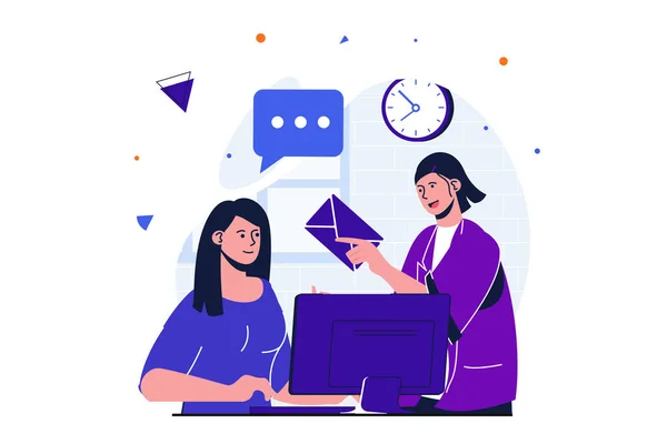 Toimistotyö moderni tasainen konsepti web bannerin suunnittelu. Nainen työskentelee kannettavalla tietokoneella ja kollega tuo kirjekuorensa kirjeitse, liikekirjeenvaihdolla. Vektorikuvaus eristäytyneiden ihmisten kanssa — vektorikuva