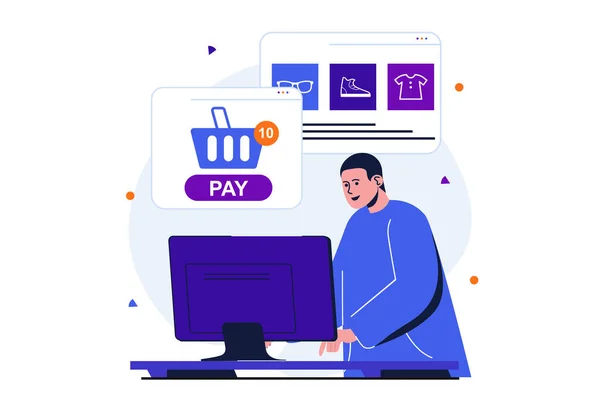 Online payment modern flat concept for web banner design. Customer makes purchases in online store, forms basket and pays for order from computer. Vector illustration with isolated people scene — Stock Vector