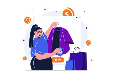 İnternet afişi tasarımı için online alışveriş modern düz konsept. Alıcının şık bir ceketi var ve bedelini kredi kartıyla ödemek istiyor. Kadın satın alır. İzole edilmiş insan sahnesi ile vektör illüstrasyonu