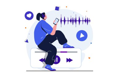 Web pankartı tasarımı için podcast modern düz konsept. Kulaklıklı kadın mobil uygulama kullanarak canlı yayın dinliyor. Dinleyici müzikten hoşlanır. İzole edilmiş insan sahnesi ile vektör illüstrasyonu