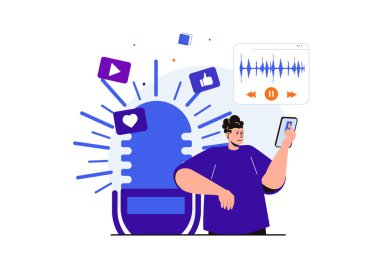 Web pankartı tasarımı için podcast modern düz konsept. Canlı yayın ya da müzik dinleyen bir adam cep telefonundaki ses oynatıcı uygulamasını kullanıyor. İzole edilmiş insan sahnesi ile vektör illüstrasyonu