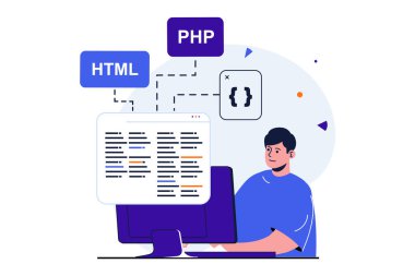 Web afişi tasarımı için modern düz konsept üzerinde çalışan programcı. İnsan kodları html ve php ile programlar, test eder ve yaratıcı çözümler bulur, yazılım yaratır. İzole edilmiş insan sahnesi ile vektör illüstrasyonu