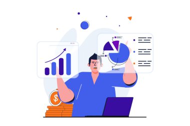 Web pankartı tasarımı için modern konsept satış performansı. Adam grafik ve şirket kazançlarının mali istatistiklerini okuyor, ekranlarda çalışıyor. İzole edilmiş insan sahnesi ile vektör illüstrasyonu