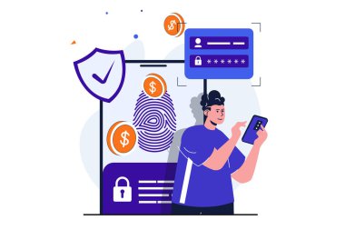 Güvenli ödeme modern konsepti web pankartı tasarımı için. Adam kimliğini parmak iziyle doğruluyor ve uygulamayla banka hesabını yönetiyor. İzole edilmiş insan sahnesi ile vektör illüstrasyonu