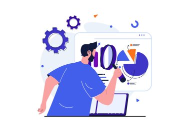 Seo, web pankartı tasarımı için modern düz konsepti analiz ediyor. Büyüteci olan adam veri ve arama sonuçlarını analiz eder, sıralamayı yükseltir ve siteyi optimize eder. İzole edilmiş insan sahnesi ile vektör illüstrasyonu