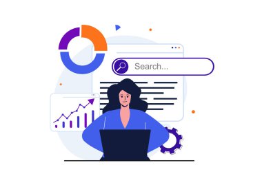 Seo, web pankartı tasarımı için modern düz konsepti analiz ediyor. Kadın analist verileri inceler, anahtar sözcükleri seçer ve popüler arama sorguları için siteyi optimize eder. İzole edilmiş insan sahnesi ile vektör illüstrasyonu