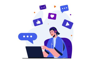 Web pankartı tasarımı için sosyal medya pazarlaması modern düz konsept. Kadın içerik yaratıyor, paylaşıyor, takipçilerle iletişim kuruyor, beğeni topluyor ve terfi ettiriyor. İzole edilmiş insan sahnesi ile vektör illüstrasyonu
