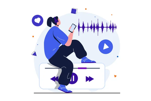 Podcast streaming modern lapos koncepció web banner design. A fülhallgatós nő élő adást hallgat mobilalkalmazással. A hallgató szereti a zenét. Vektor illusztráció elszigetelt emberek jelenet — Stock Vector