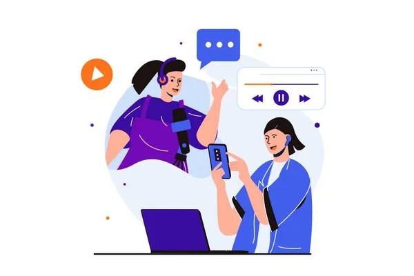 Podcast streaming conceito plano moderno para design de banner web. Mulher ouvinte gosta de transmissão ao vivo ou escuta a transmissão de rádio do jornalista feminino. Ilustração vetorial com pessoas isoladas cena —  Vetores de Stock