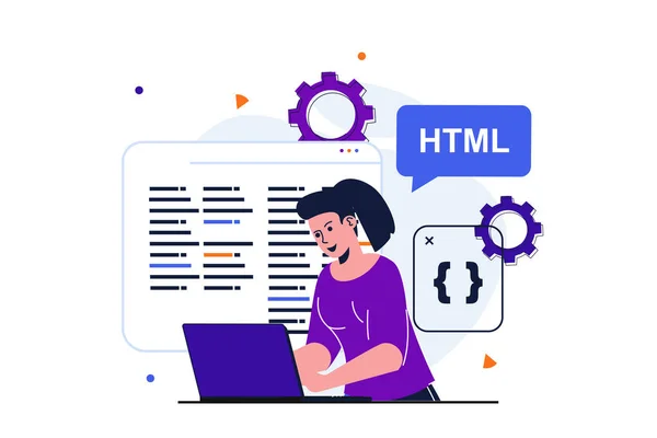 Programmer bekerja modern datar konsep untuk desain banner web. Program pengembang wanita di html, kode tes, bekerja pada laptop di kantor perusahaan TI. Vektor ilustrasi dengan orang-orang yang terisolasi adegan - Stok Vektor