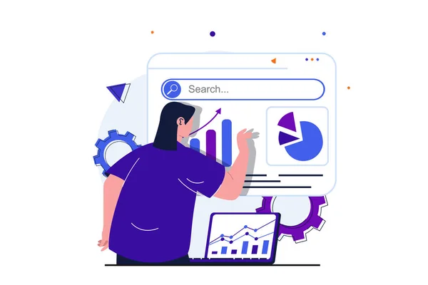 Sales performance modern flat concept for web banner design. Woman analyzes financial data on dashboard, works on laptop and studies profit statistics. Vector illustration with isolated people scene — Stock Vector