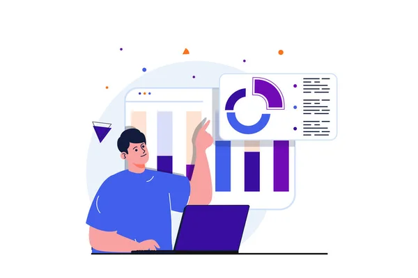 Sales performance modern flat concept for web banner design. Man analyzes company financial progress and budget, works with graphs and data charts. Vector illustration with isolated people scene — Stock Vector