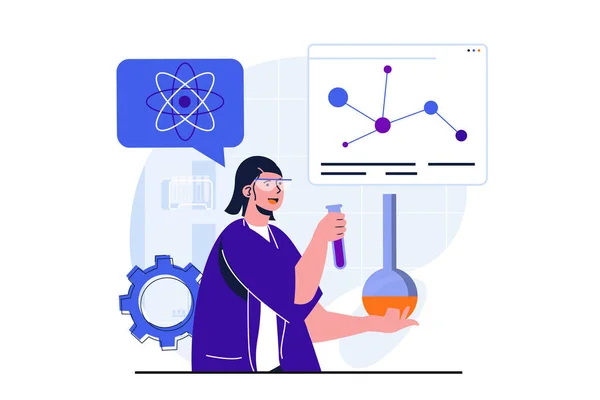 İnternet afişi tasarımı için modern düz konsept bilim araştırması. Kadın elinde matara ve test tüpü tutuyor, araştırıyor ve kimyasal deney yapıyor, laboratuvarda çalışıyor. İzole edilmiş insan sahnesi ile vektör illüstrasyonu — Stok Vektör