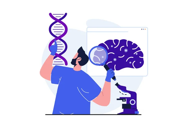 Επιστήμη έρευνα σύγχρονη επίπεδη έννοια για το σχεδιασμό banner web. Ο άνθρωπος μελετά το μόριο DNA και εξετάζει τον εγκέφαλο με μεγεθυντικό φακό, κάνει πειράματα νευροβιολογίας. Εικονογράφηση διάνυσμα με απομονωμένα άτομα σκηνή — Διανυσματικό Αρχείο