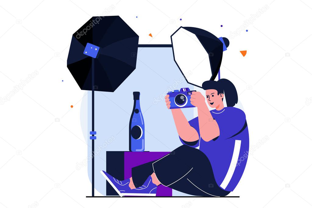 Photo studio modern flat concept for web banner design. Woman doing advertising commercial photoshoot and photographing bottle in studio with spotlights. Vector illustration with isolated people scene