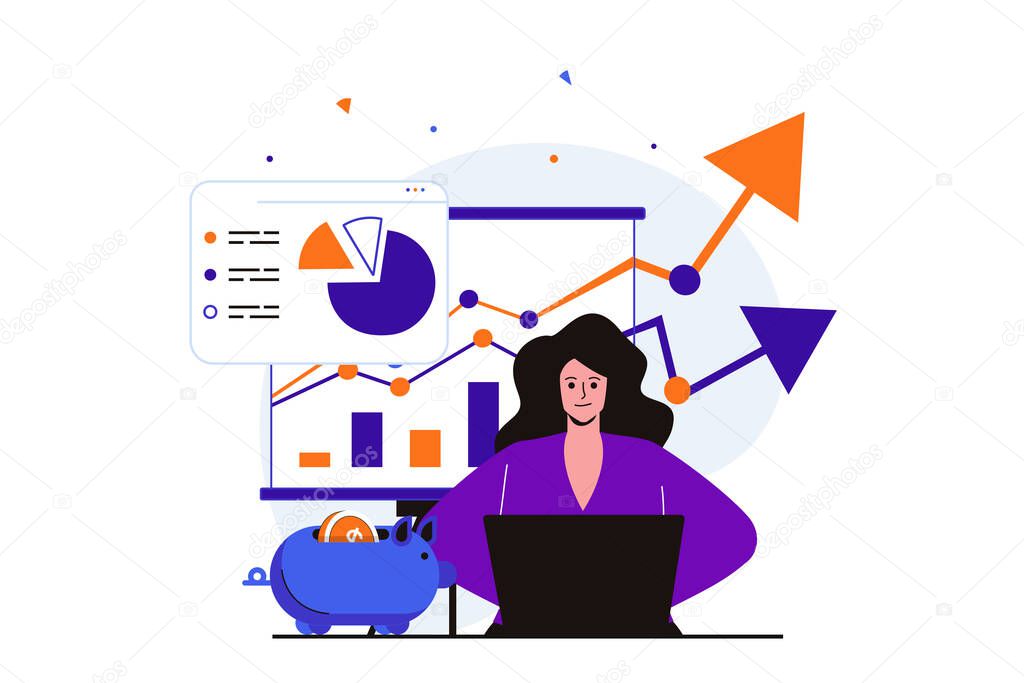 Planning financial budget modern flat concept for web banner design. Woman analyzes statistics, develops financial strategy, invests money, bookkeeping. Vector illustration with isolated people scene