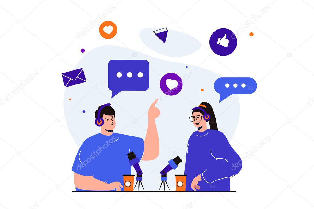 Podcast streaming modern flat concept for web banner design. Host and guest in headphones are broadcasting live and chatting in studio, recording audio. Vector illustration with isolated people scene