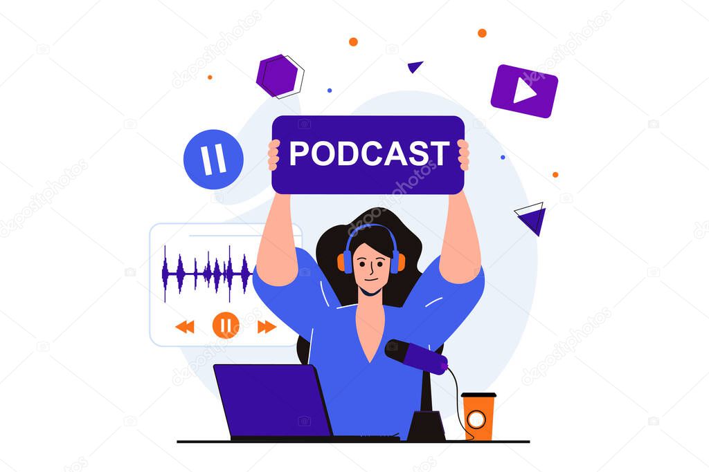 Podcast streaming modern flat concept for web banner design. Woman in headphones records audio podcast and works on laptop in studio. DJ works on radio. Vector illustration with isolated people scene