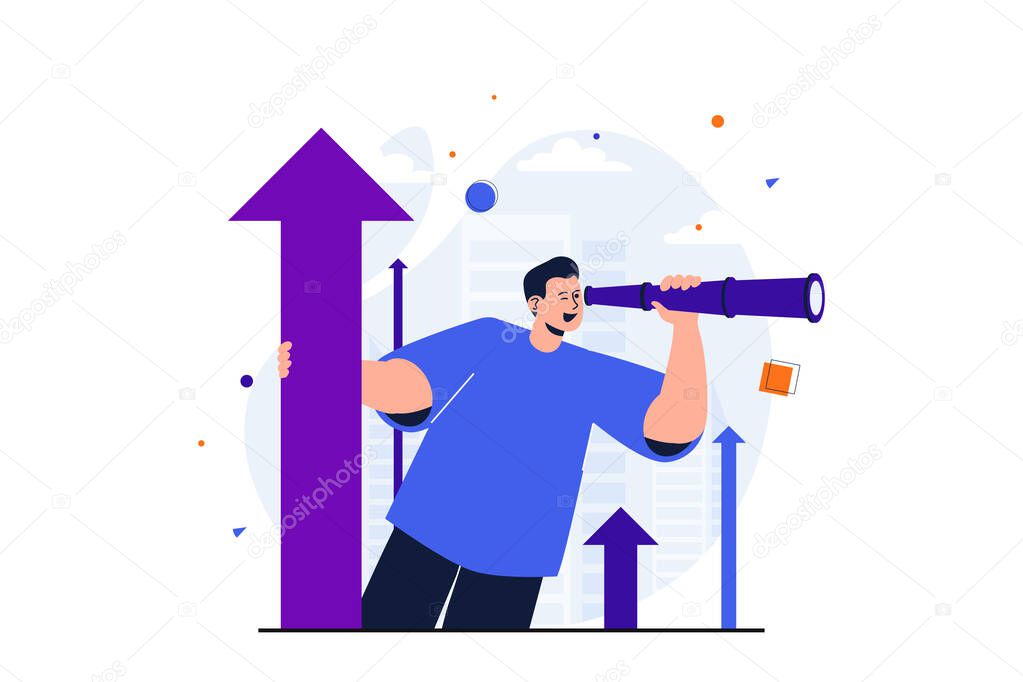 Searching for opportunities modern flat concept for web banner design. Man looks through spyglass, creates successful strategy, vision for new project. Vector illustration with isolated people scene