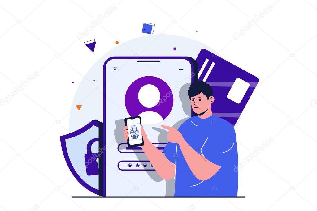 Secure payment modern flat concept for web banner design. Man logs into online bank account using password and verifying person with fingerprint in app. Vector illustration with isolated people scene