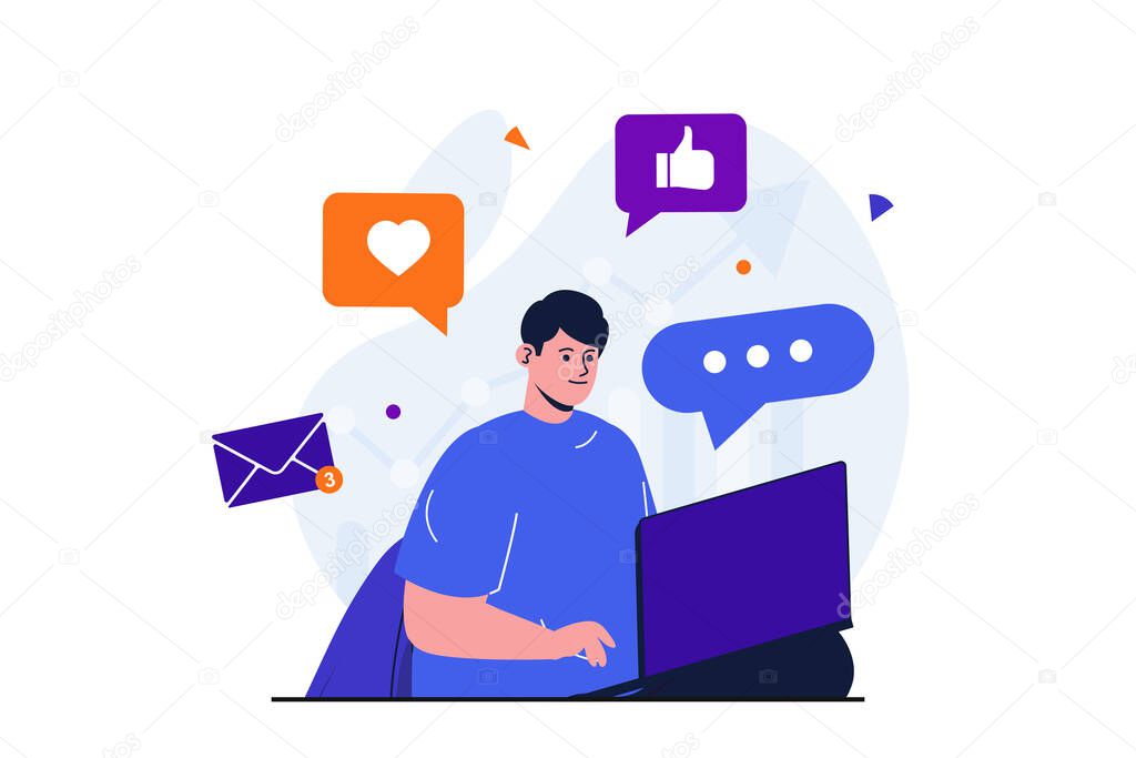 Social media marketing modern flat concept for web banner design. Marketer works at laptop, makes advertising mailing, attracts new customers online. Vector illustration with isolated people scene