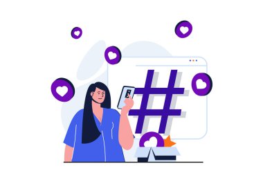 Web pankartı tasarımı için sosyal ağ modern düz konsept. Kadın haber kaynaklarını sosyal ağlarda tarıyor, hashtag kullanıyor ve paylaşımları seviyor, internetten iletişim kuruyor. İzole edilmiş insan sahnesi ile vektör illüstrasyonu