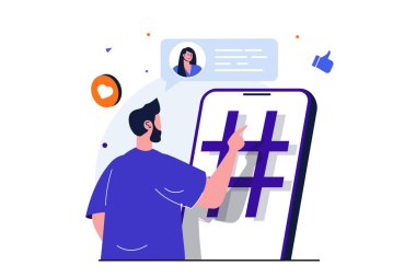 Web pankartı tasarımı için sosyal ağ modern düz konsept. Başvuru formunda kadınla sohbet eden, hashtag kullanan, gönderileri seven, internetten iletişim kuran bir adam. İzole edilmiş insan sahnesi ile vektör illüstrasyonu