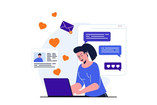 Social network modern flat concept for web banner design. Woman makes romantic correspondence with man and sending hearts in online dating application. Vector illustration with isolated people scene — Stock Vector