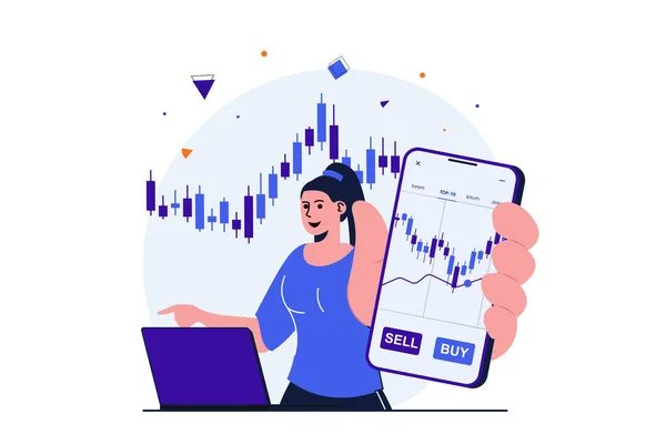 Stock market modern flat concept for web banner design. Woman buys or sells securities on stock exchange, studies charts and statistics, works at laptop. Vector illustration with isolated people scene — Stock Vector