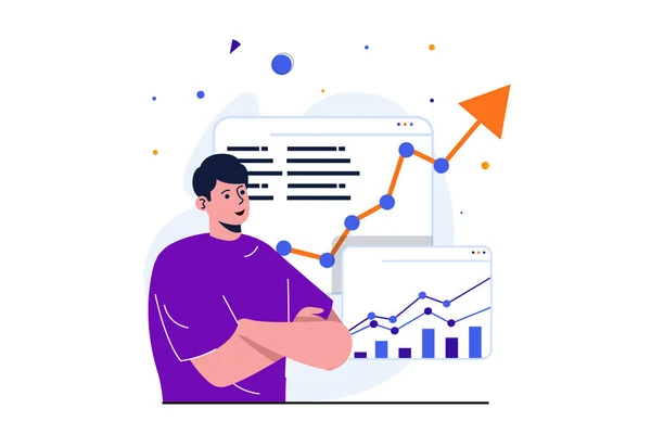 Stock market modern flat concept for web banner design. Man invests money and analyzes growth of trend and financial statistics, makes profitable deals. Vector illustration with isolated people scene — Stock Vector