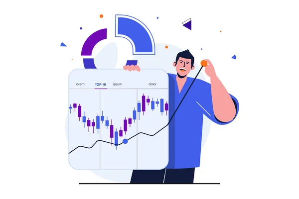 Mercado de ações conceito plano moderno para design de banner web. Corretor masculino analisa estatísticas financeiras de mercado, compra ou vende, aumenta a renda, negociação. Ilustração vetorial com pessoas isoladas cena — Vetor de Stock