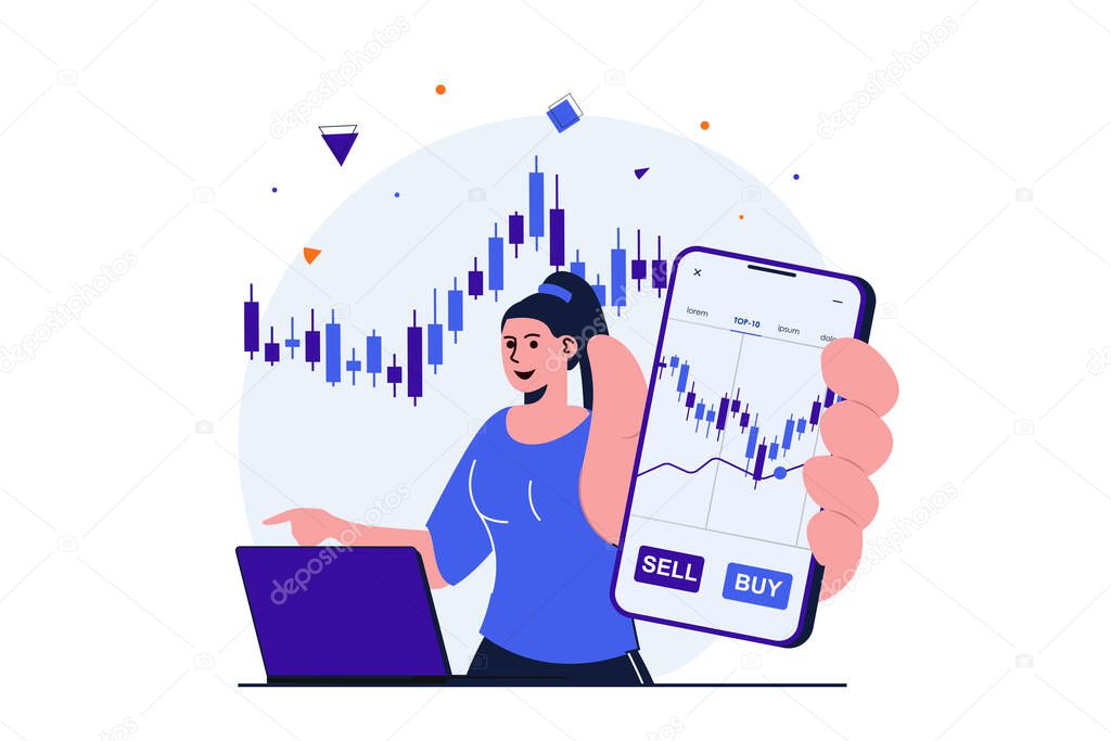 Stock market modern flat concept for web banner design. Woman buys or sells securities on stock exchange, studies charts and statistics, works at laptop. Vector illustration with isolated people scene