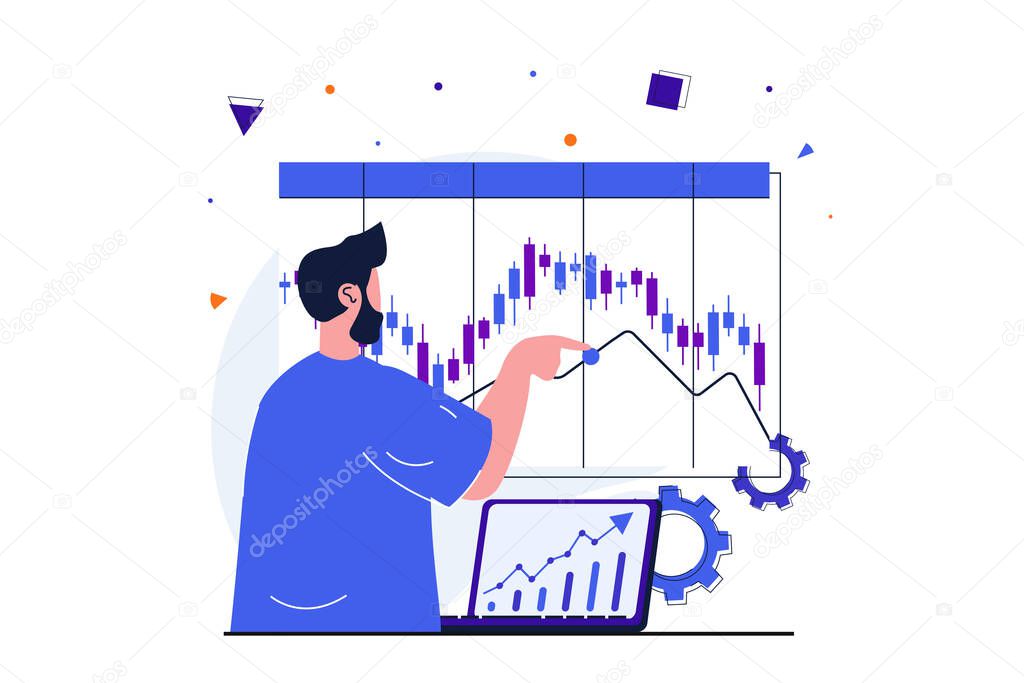 Stock market modern flat concept for web banner design. Man researching statistics and trends, accounting budget, develop financial strategy and invests. Vector illustration with isolated people scene