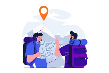 Web afişi tasarımı için modern düz konsept gezisi. Kadın turist yürüyüş güzergahı olan haritaya bakar, erkek gezgin dağ tepesini ve yürüyüşü işaret eder. İzole edilmiş insan sahnesi ile vektör illüstrasyonu